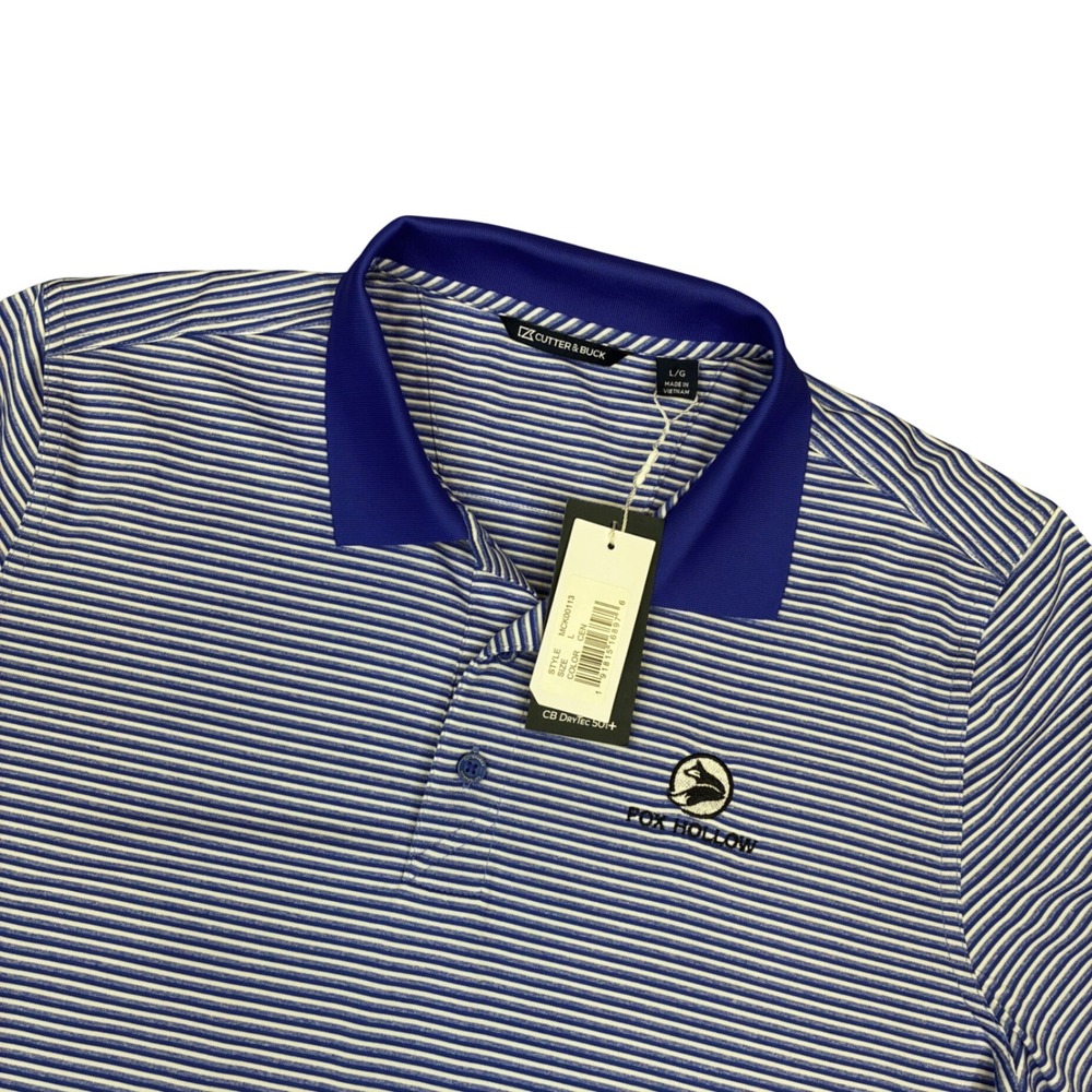 Cutter & Buck Men Large Blue Striped CB DryTec Fox Hollow Golf Polo Shirt New